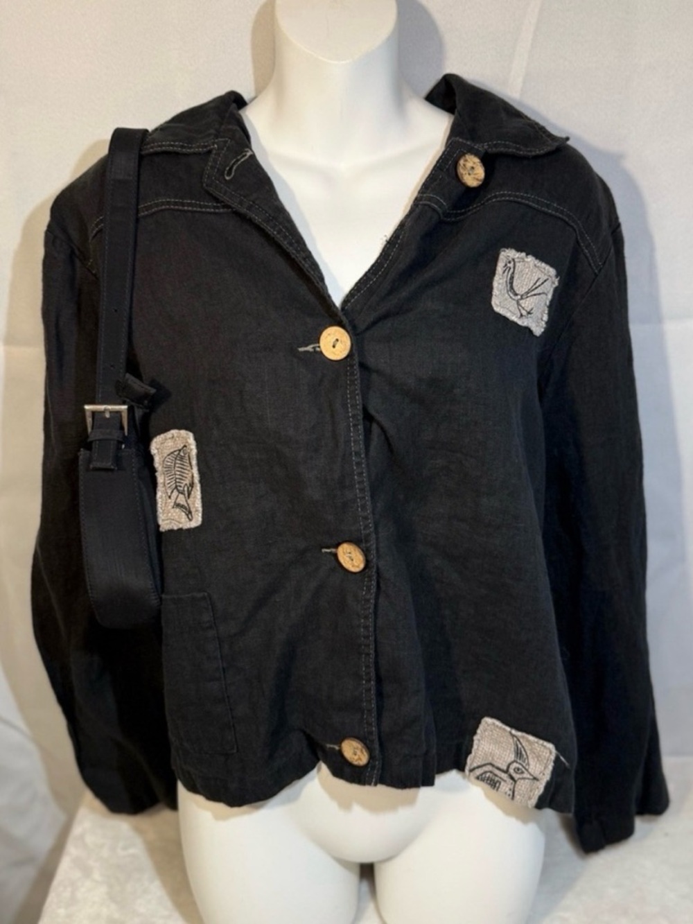 Bets Canvasbacks Cropped Linen Jacket Top Black Art Patch Button Up Lagenlook